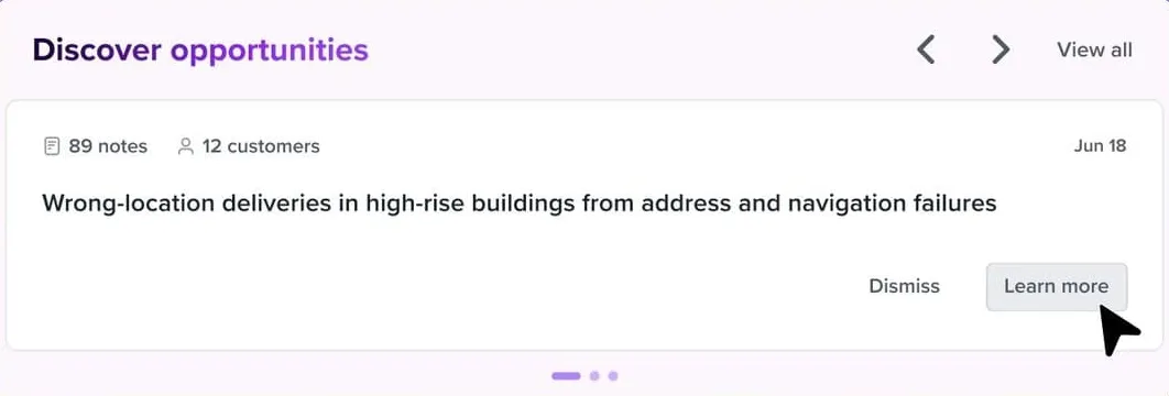 Карточка Productboard Spark с найденной возможностью, объёмом «89 заметок, 12 клиентов» и кнопками «Dismiss» и «Learn more»